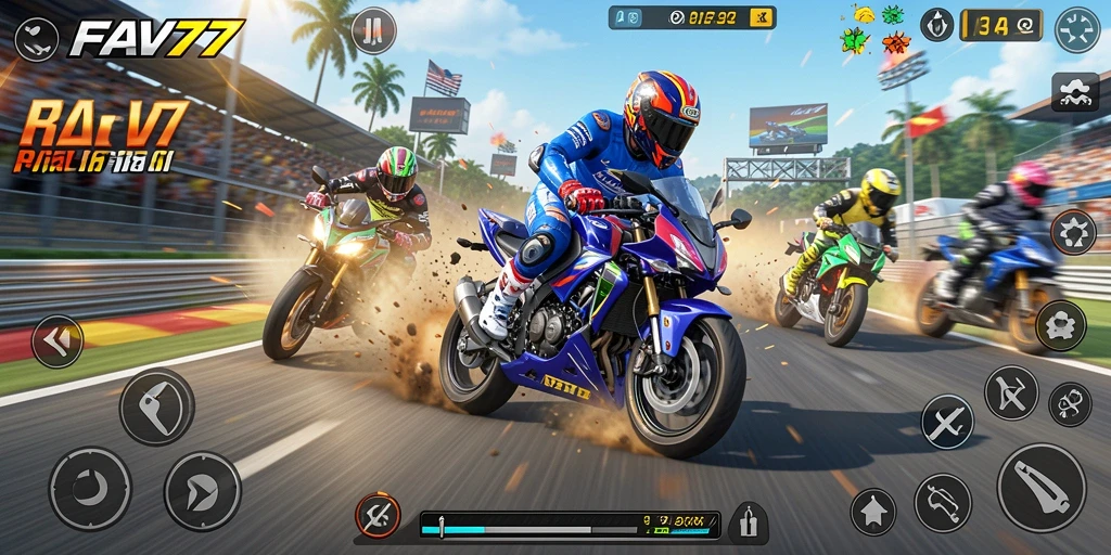 Tampilan gameplay seru dari FAV77, balapan motor penuh aksi.
