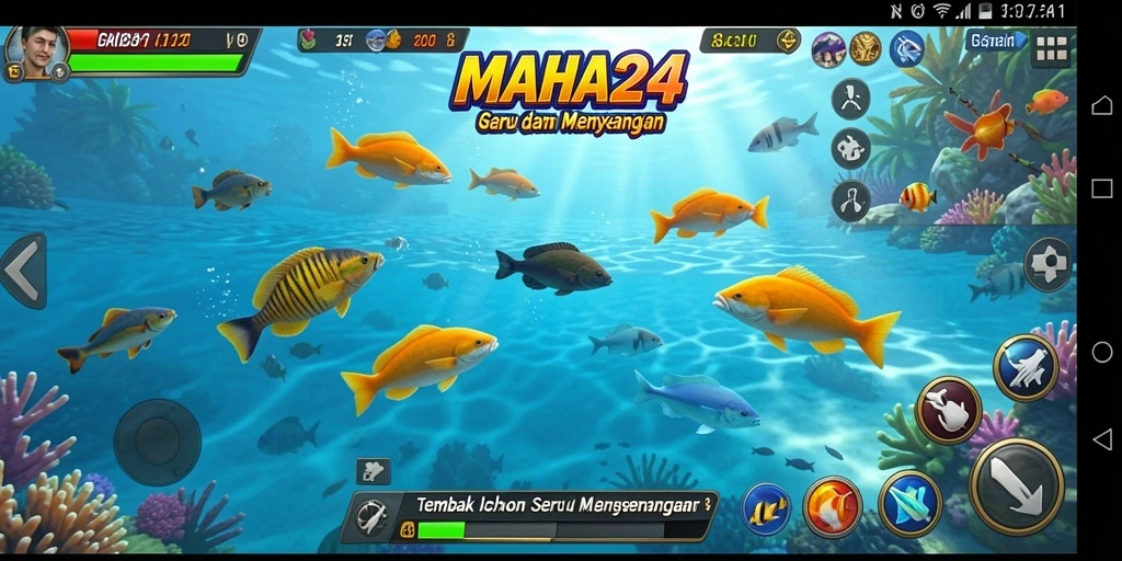 Screenshot gameplay MAHA24 menampilkan aksi menembak ikan yang seru.