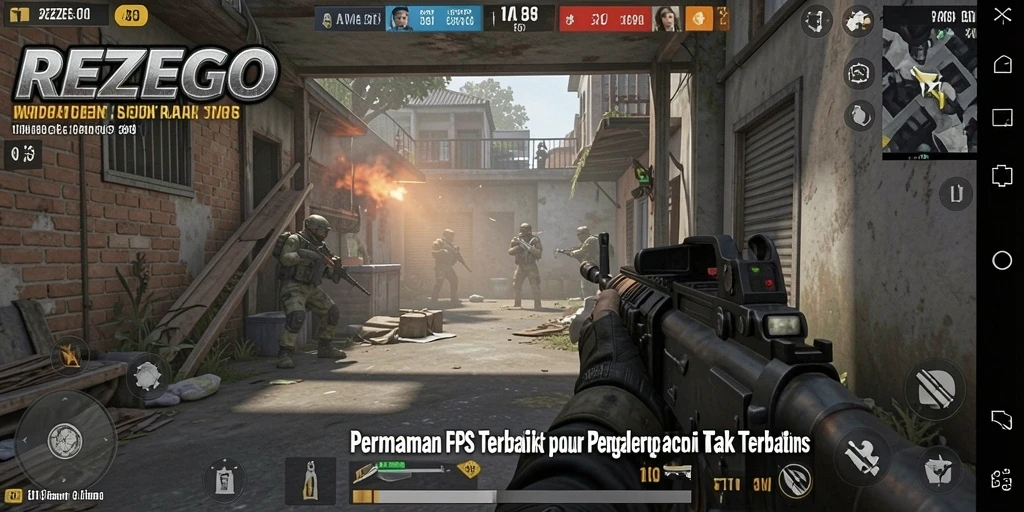 Tampilan layar menunjukkan aksi seru dalam game FPS REZEGO.