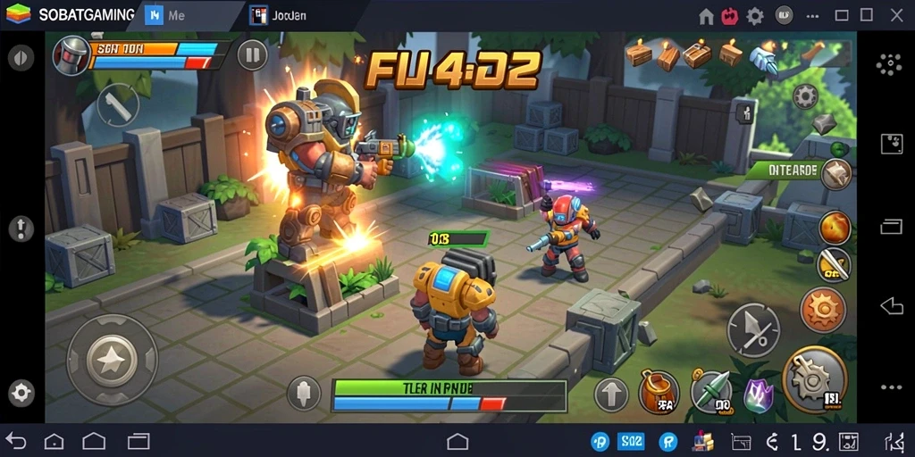 Screenshot gameplay SOBATGAMING dengan warna-warni menara dan musuh.